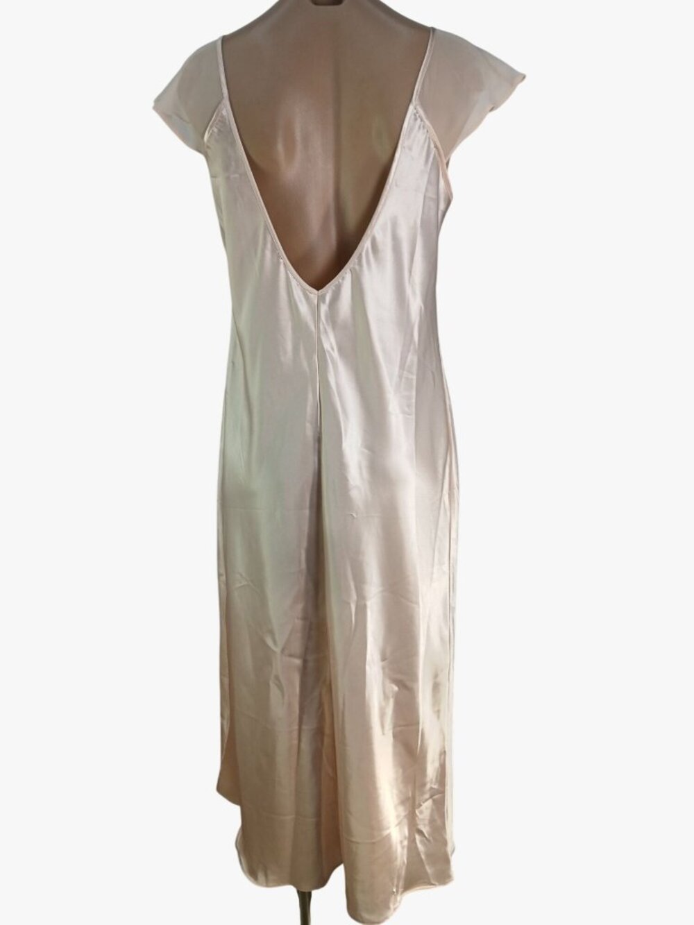 California Dynasty Satin Size L Pink Nightgown Lace Applique Sheer Flutter Sleev - Picture 3 of 10